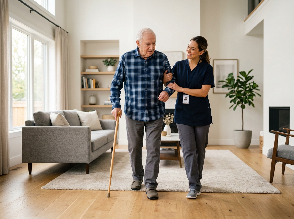 A warm moment between a caregiver and an elderly woman at home — TheCarez daily companion service