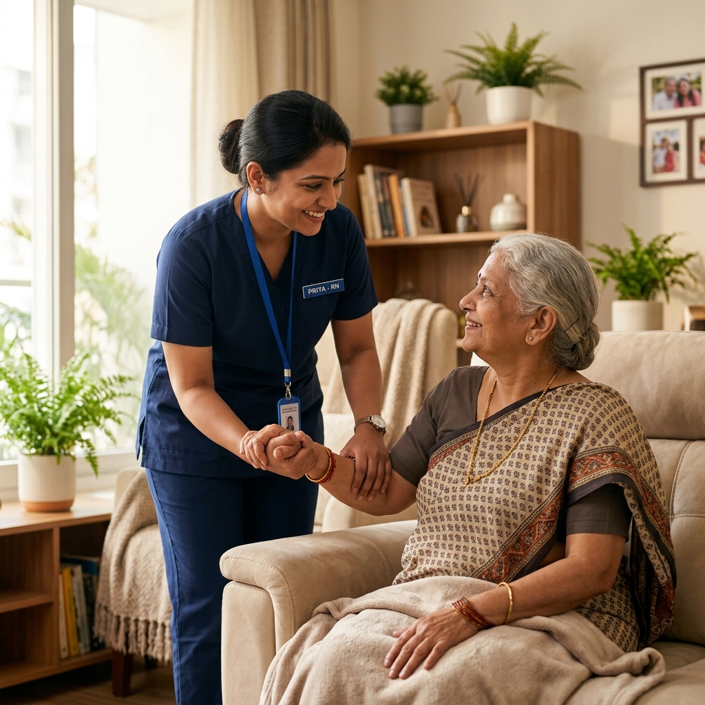 A professional female nurse smiling warmly while assisting an elderly patient at home — TheCarez verified caregiver